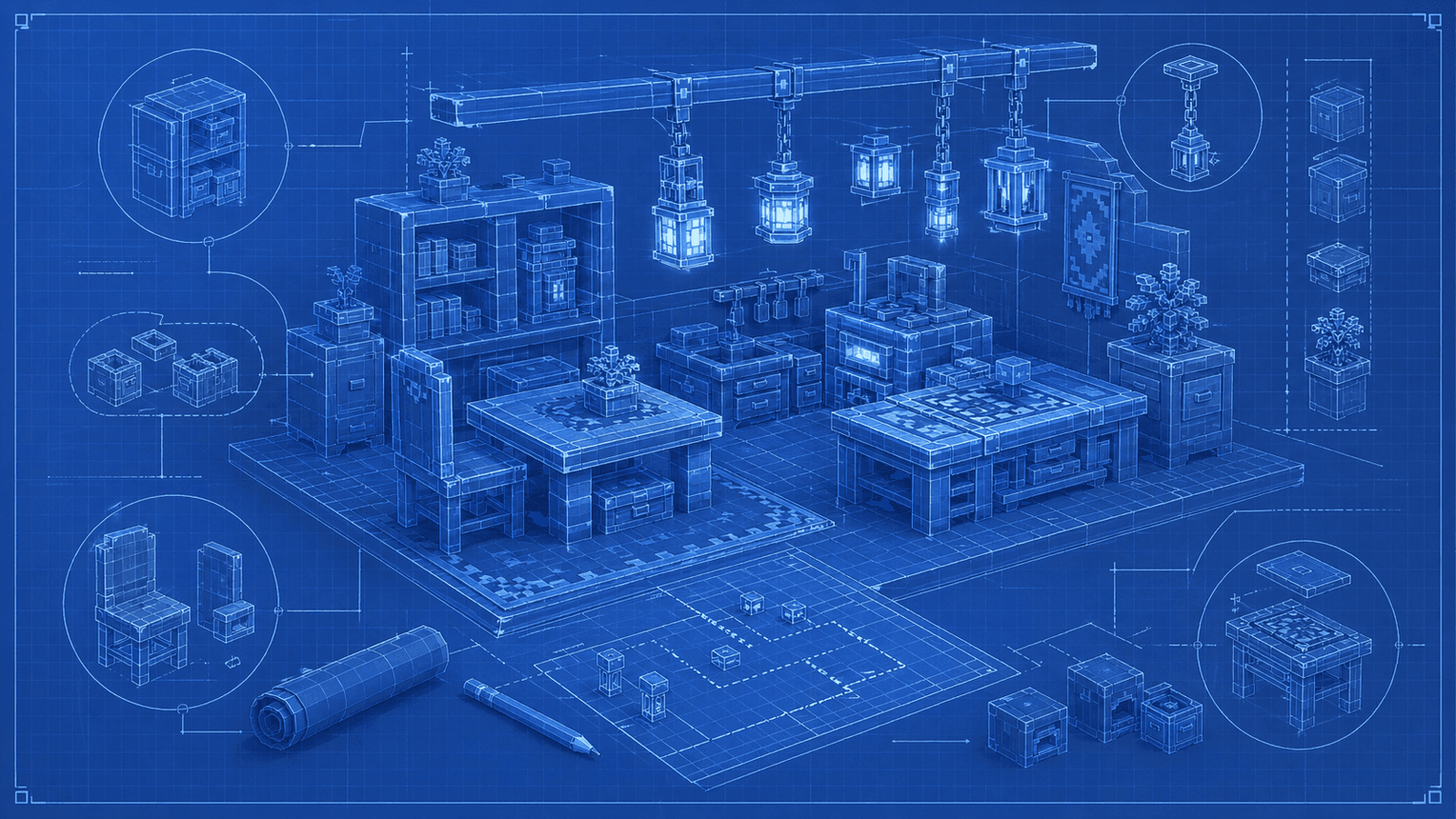 A blueprint-style Hytale furniture and decoration mod planning scene with lanterns, workbenches, and modular decor blocks.