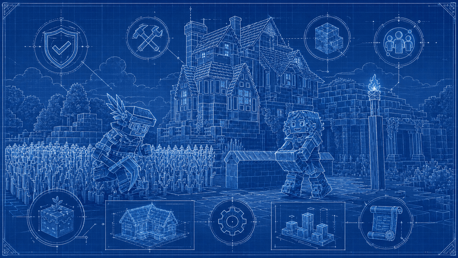 A blueprint-style Hytale village planning scene with social, block, and server stability diagram marks.