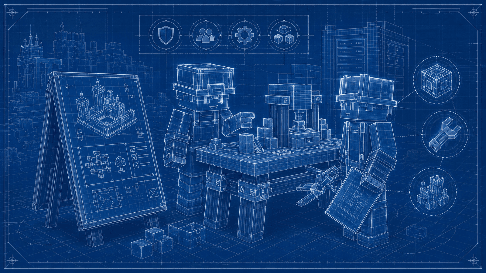 A blueprint-style Hytale server planning scene with builders, a workbench, and a drafting board.