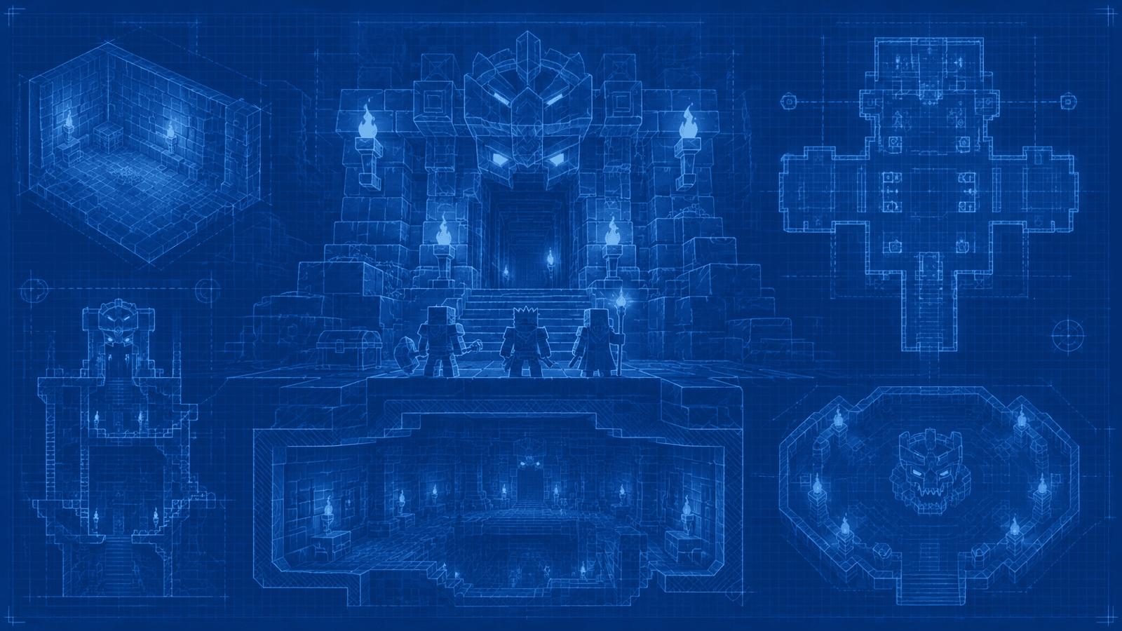 A blueprint-style Hytale dungeon exploration scene with a gateway, branching floor plans, chambers, and a cooperative delver party.