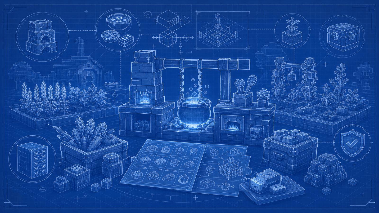 A blueprint-style Hytale farming and food expansion mod review scene with crop beds, cooking stations, recipe sheets, crates, and server-policy marks.