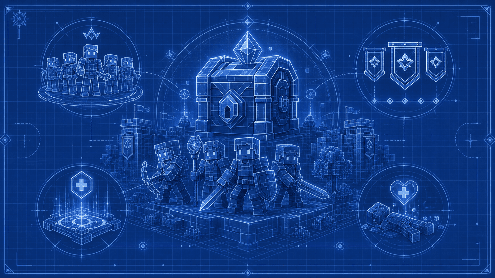 A blueprint-style Hytale multiplayer mod review scene with grouped players, faction banners, a secure vault, revive marks, and server-policy diagrams.