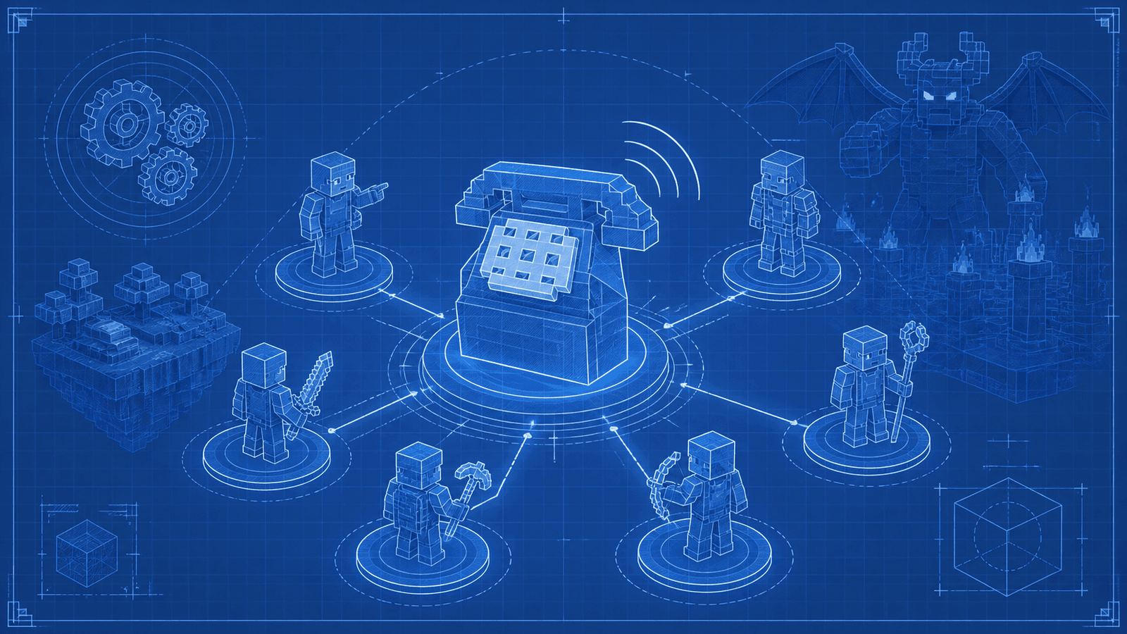 A blueprint-style Hytale multiplayer mod review scene with a communication hub, grouped players, gear, and cooperative world silhouettes.