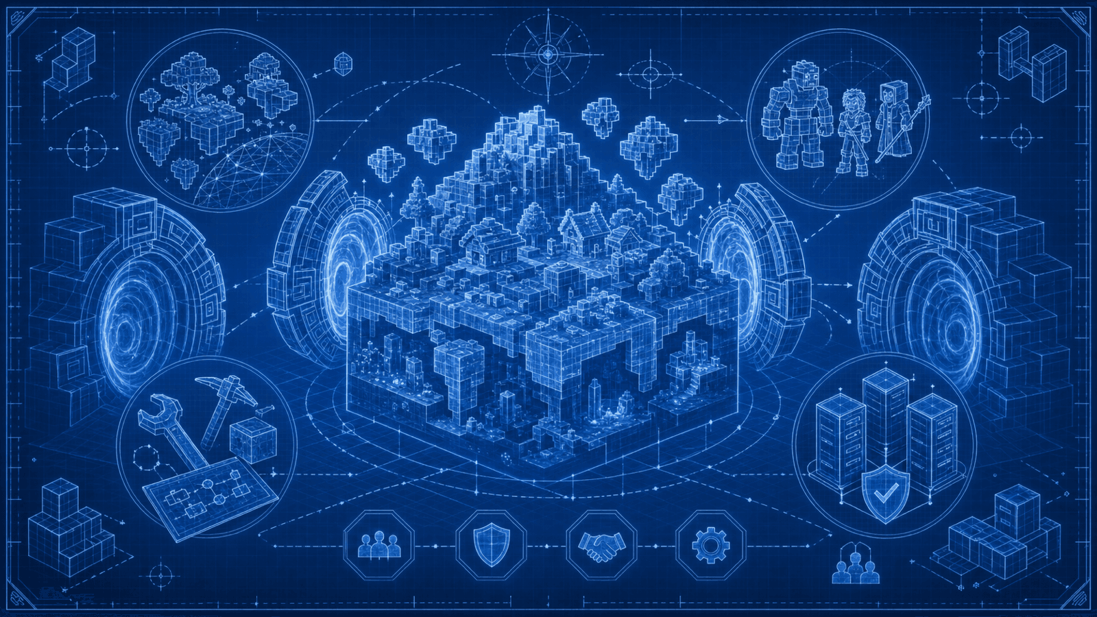 A blueprint-style Hytale modding contest ecosystem scene with portal rings, world fragments, tool marks, and server trust diagrams.