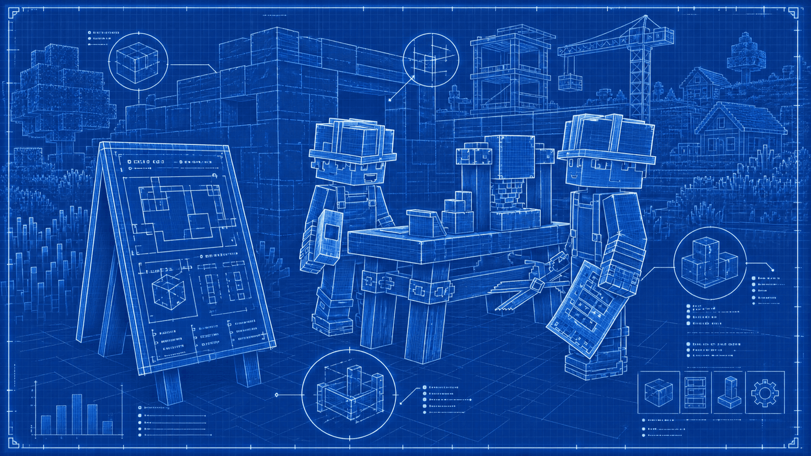 A blueprint-style Hytale server planning scene with builders, a notice board, block palette tools, and update validation diagrams.