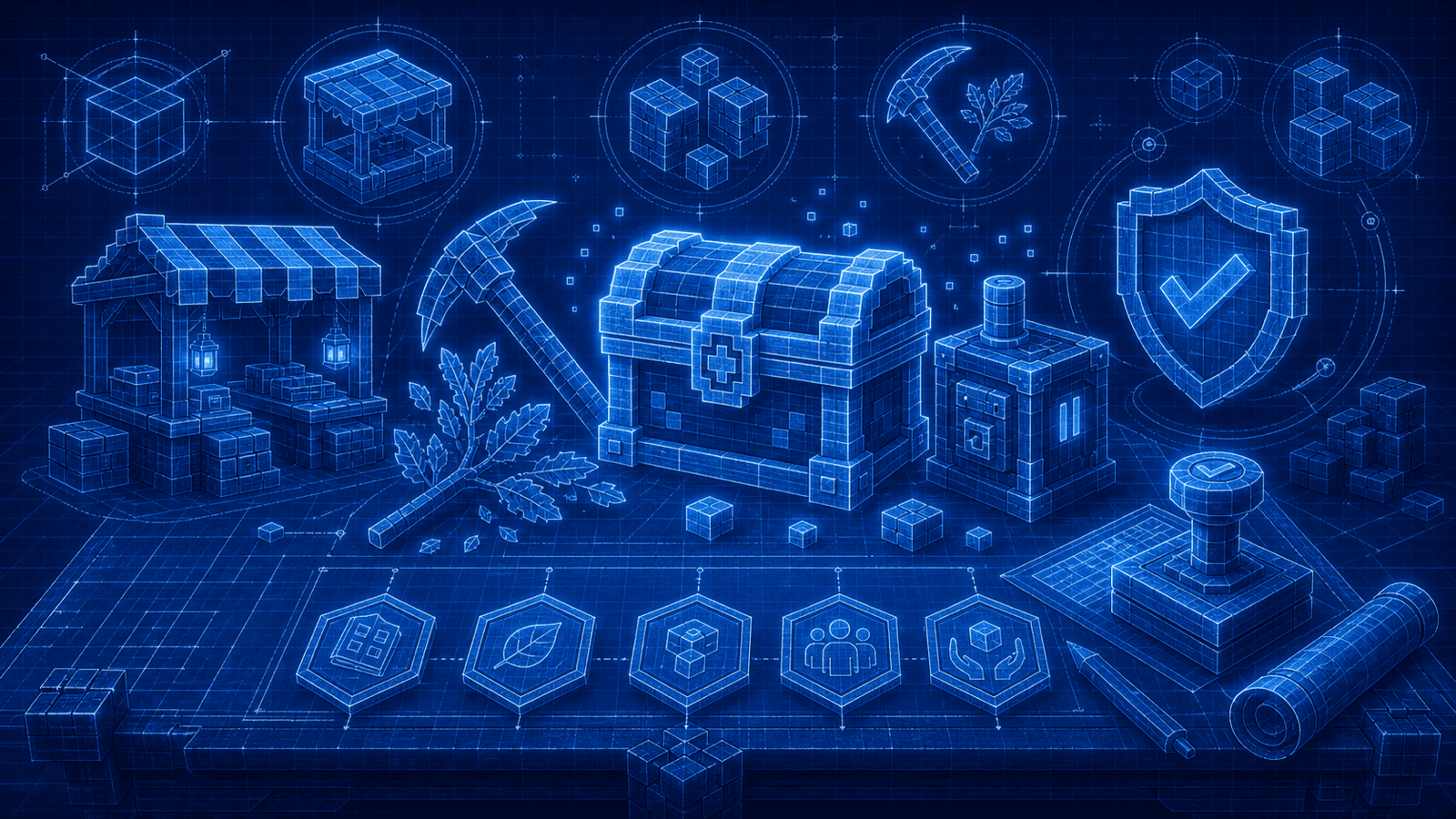 A blueprint-style Hytale quality-of-life mod review scene with a market stall, harvesting tool, item chest, generator block, and fairness shield.