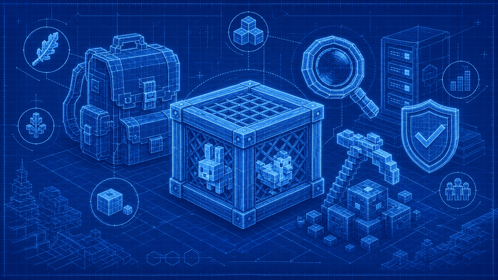A blueprint-style Hytale quality-of-life mod review scene with utility crate, storage, visibility, mining, and fairness motifs.